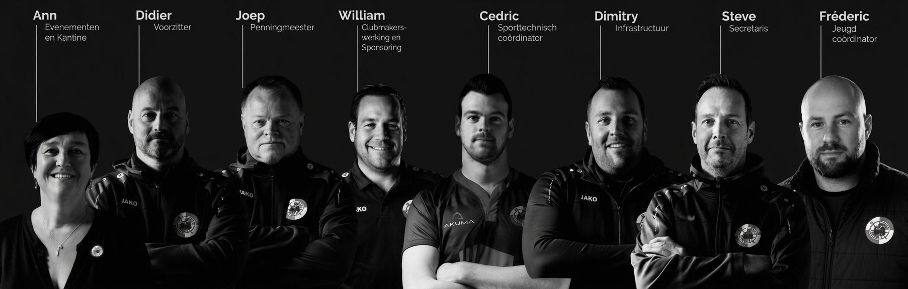 Het bestuur van RC Diabolos Schilde: Ann (evenementen en kantine), Didier (voorzitter), Joep (penningmeester), William (clubmakerswerking en sponsoring), Cedric (sporttechnisch coördinator), Dimitry (infrastructuur), Steve (secretaris) en Fréderic (jeugdcoördinator).