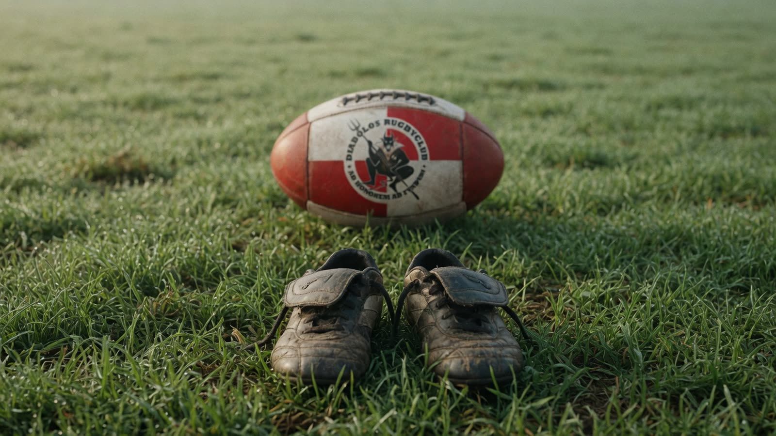 Rugbyschoenen en een bal van RC Diabolos Schilde op het veld